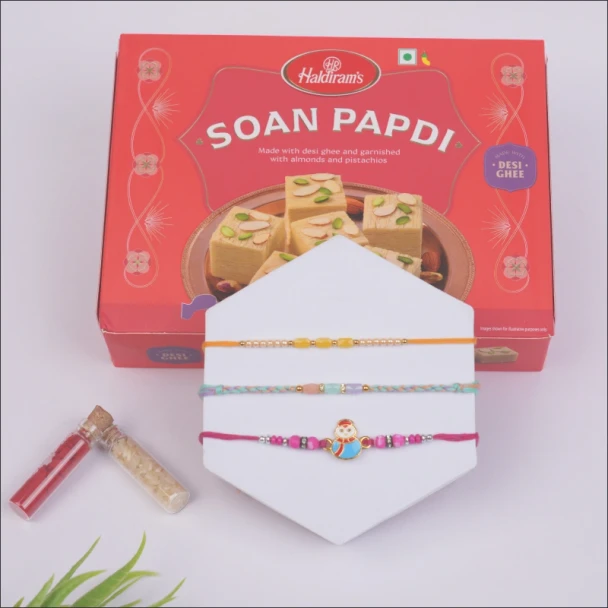 Sweet Celebration Set of 3 Rakhi with Soan Papdi - For INDIA