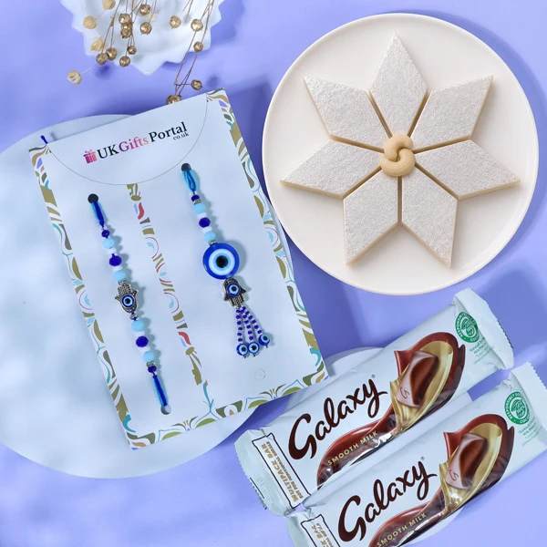 Evil Eye Rakhi Kaju Katli & Chocolate Gift - For Australia