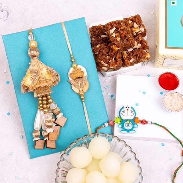 Bhaiya Bhabhi Rakhi N Doraemon Rakhi with Doda Barfi - For INDIA