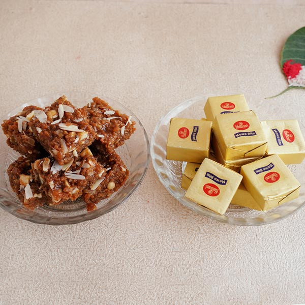 Two Peacock Rakhis with Mewa Bites and Doda Barfi - For INDIA