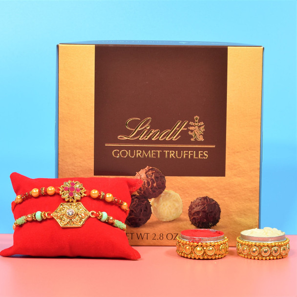 Two Elegant Designer Rakhi Set with Lindt Gourmet Chocolate - For USA