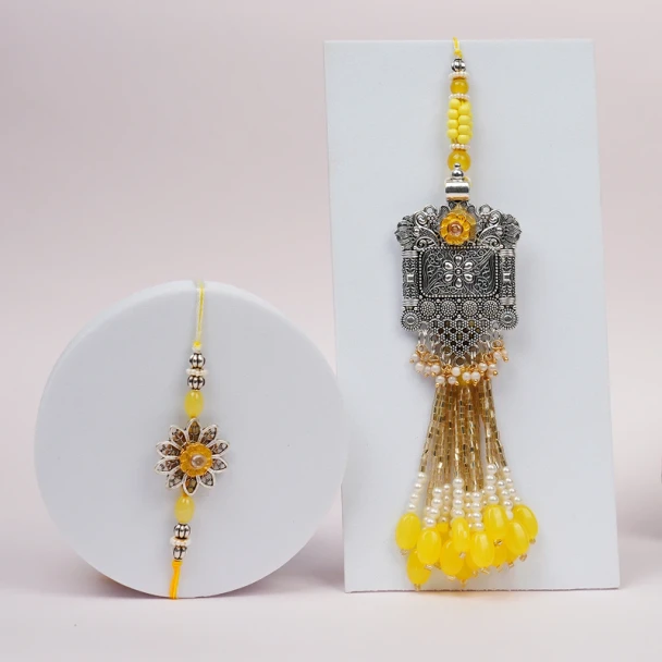 Yellow Designer Bhaiya Bhabhi Rakhi Set- For INDIA