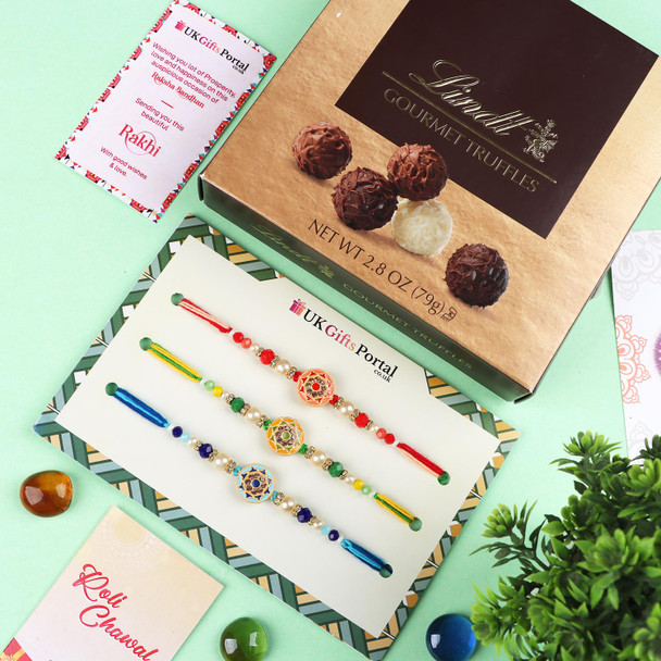 Amazing Colourful Three Rakhi Set with Lindt Truffle - For USA