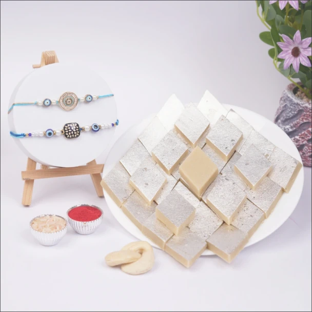 Premium Designer Rakhi and Kaju Katli Gift Hamper - For INDIA