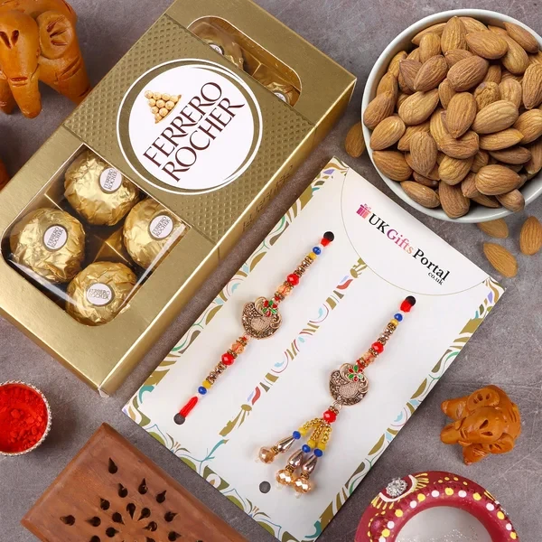 Elegant Bhaiya Bhabhi Rakhi with Ferrero Rocher & Almond - For USA