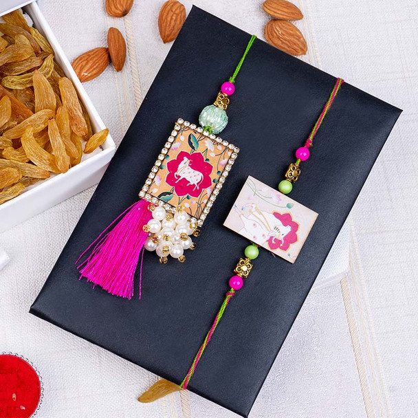 Designer Bhaiya Bhabhi Rakhi Set with Dry Fruits in Signature Box - For INDIA