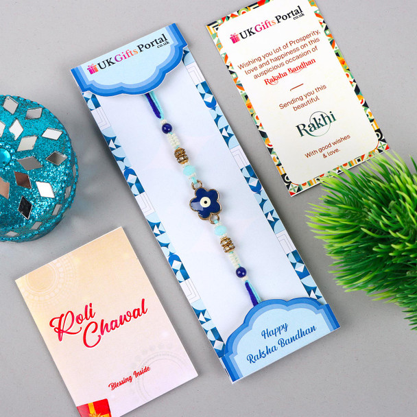 Blue Evil Eye Designer Rakhi Sweet Chocolate Combo - For UK