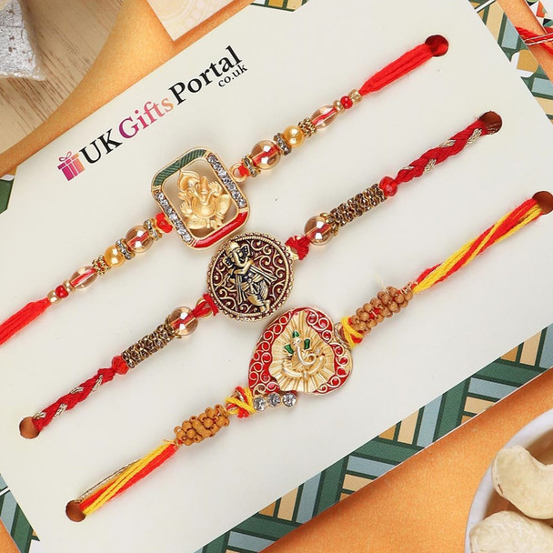 Ganesha 3 Rakhi Set with Kaju Katli Sweet Hamper - For Canada