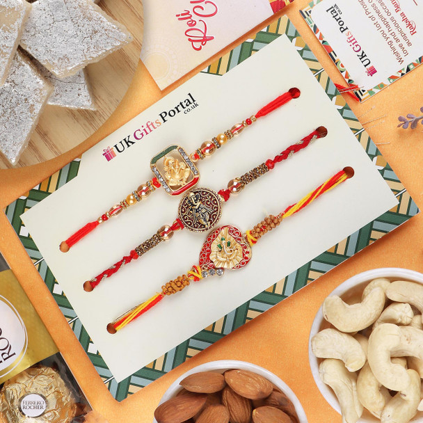 Ganesha 3 Rakhi Set with Kaju Katli Sweet Hamper - For Canada