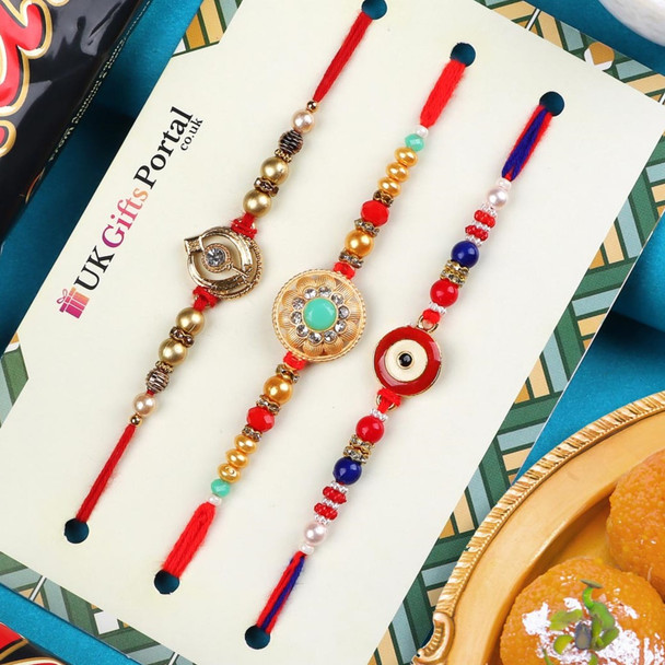 Fancy Designer Set of 3 Rakhi Gift Combo - For UK