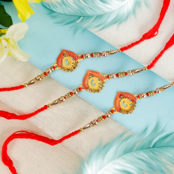 Religious Set of 3 Golden Aum Rakhi - For UK
