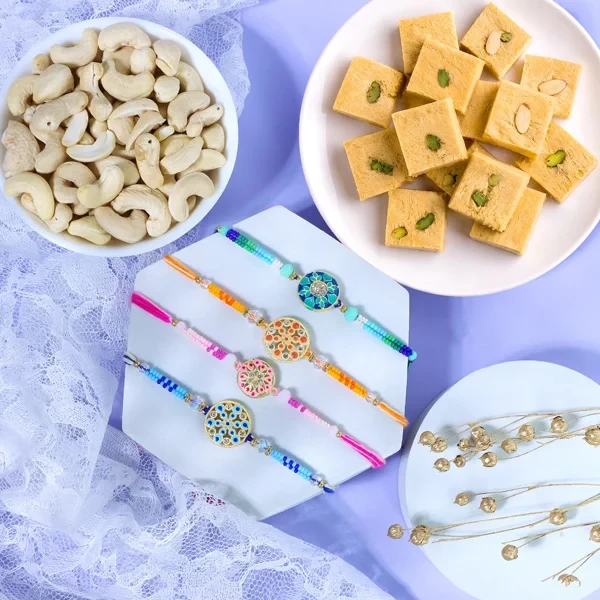 Sizzling Floral Rakhis n Soan Papdi & Cashews - For UK