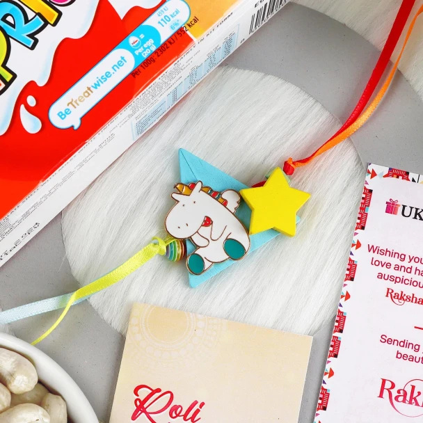 Unicorn Kids Rakhi with 3 Pcs Kinder Joy Eggs & Cashew - For UK