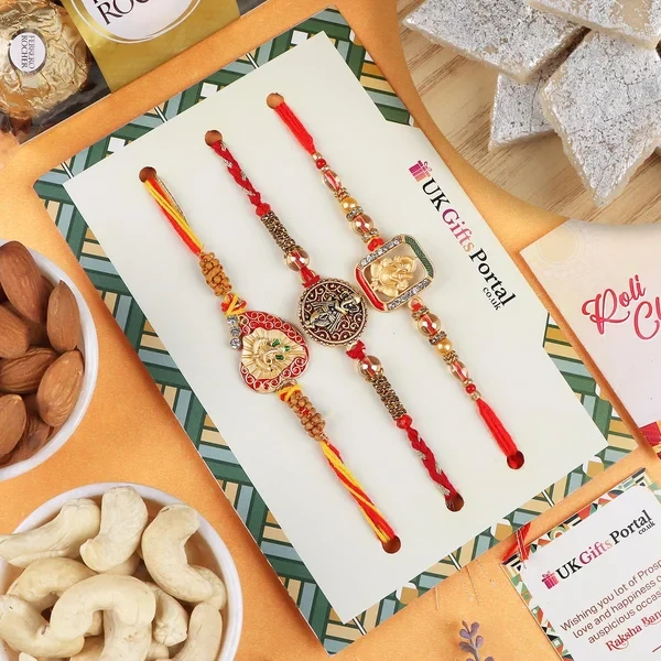 Ethnic Ganesha Designer Set of 3 Rakhi Hamper - For USA