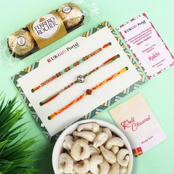 Traditional Rakhis with Cashew & 3 Pcs Ferrero Rocher- For USA