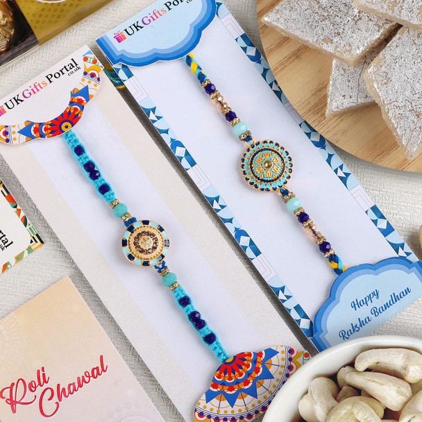 Refined 2 Rakhi Set with Kaju Katli & Ferrero & Cashew - For USA
