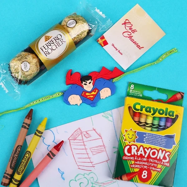 Superman Kids Rakhi with Crayona & Ferrero 3 Pcs - For USA