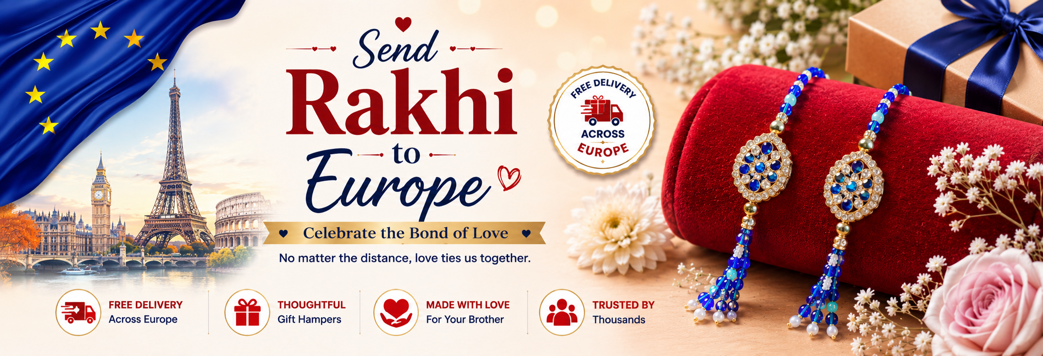 Banner for Send Rakhi to Europe with Order now button and free deliver