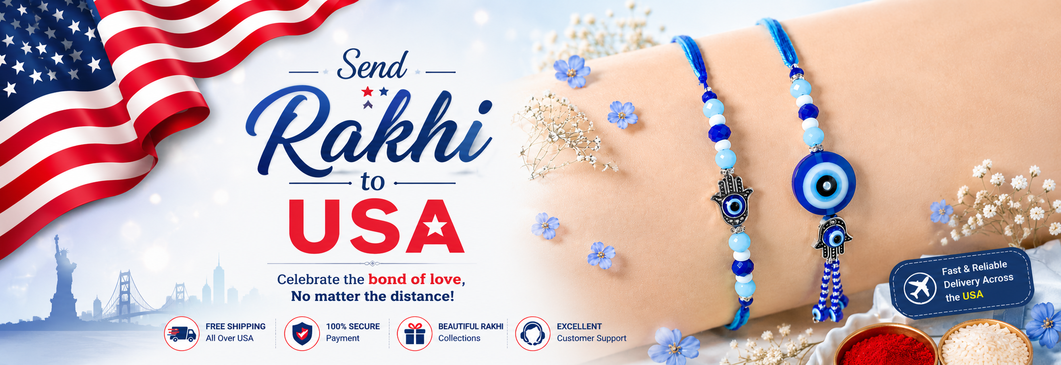 Banner for Send Rakhi to USA with Free shipping  via UK Gifts Portal