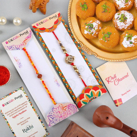 Khanda & Rudraksh Rakhi Set with Motichoor - For Australia | UK