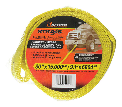 Keeper - 89933 - 3 in. W x 30 ft. L Yellow Vehicle Recovery Strap 15000 lb. - 1/Pack