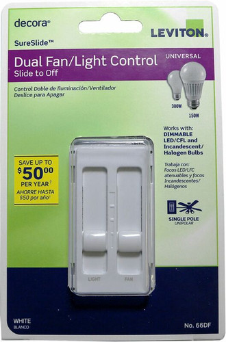 Leviton - 66DF-W - Decora SureSlide White Fan/LED Dimmer Slide Switch - 1/Pack