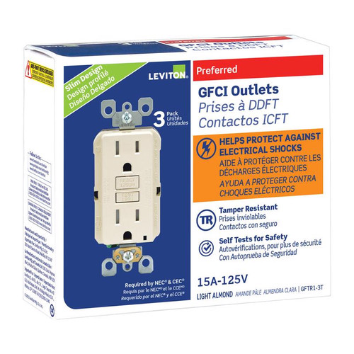 Leviton - GFTR1-03T - SmartlockPro 15 amps 125 volt Duplex Light Almond GFCI Outlet 5-15R - 3/Pack