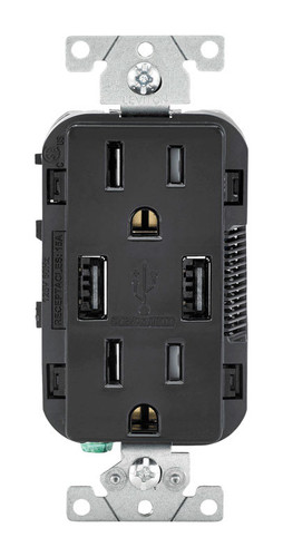 Leviton - T5632-E - Decora 15 amps 125 volt Black Outlet and USB Charger 5-15R