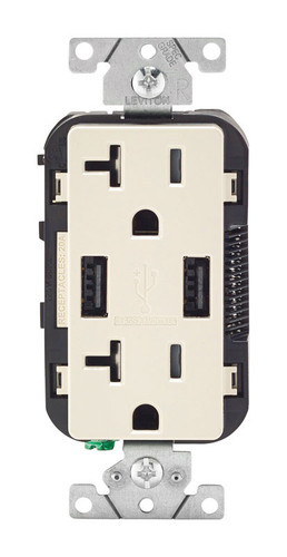 Leviton - T5832-T - Decora 20 amps 125 volt Light Almond Outlet and USB Charger 5-20R
