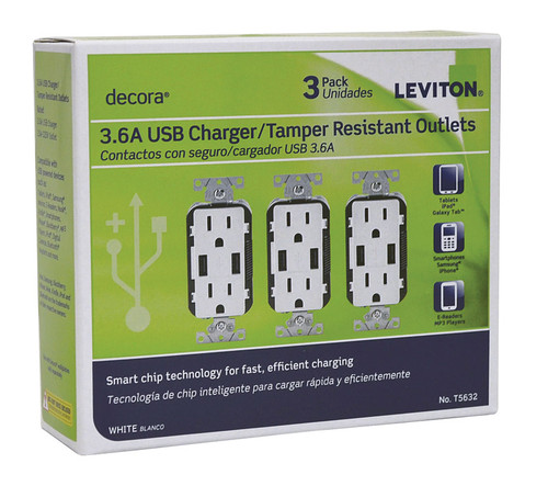 Leviton - T5632-3BW - Decora 15 amps 125 volt White Outlet and USB Charger 5-15R