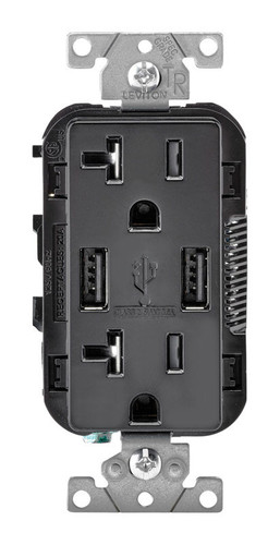 Leviton - T5832-E - Decora 20 amps 125 volt Black Outlet and USB Charger 5-20R - 1/Pack