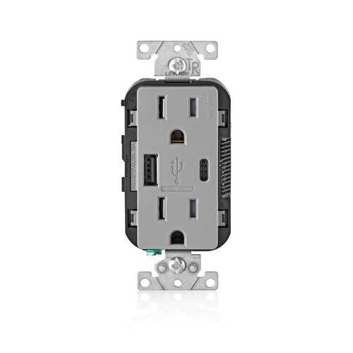 Leviton - T5633-GY - Decora 15 amps 125 volt Gray Outlet and USB Charger 5-15R - 1/Pack