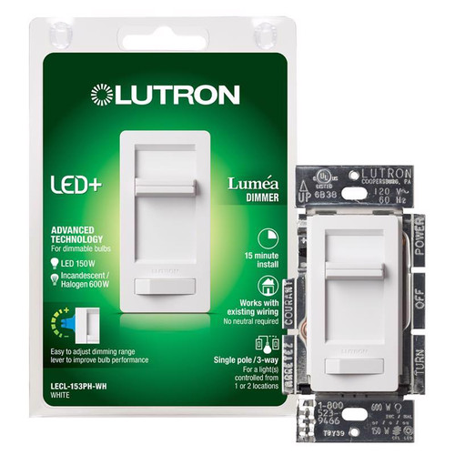 Lutron - LECL-153PH-WH - Lumea White 150W for CFL and LED / 600W for incandescent and halogen watt 3-Way Dimmer Switch