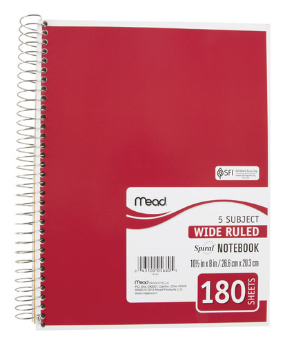 Mead - 5680 - 8 in. W x 10-1/2 L Wide Ruled Spiral Notebook