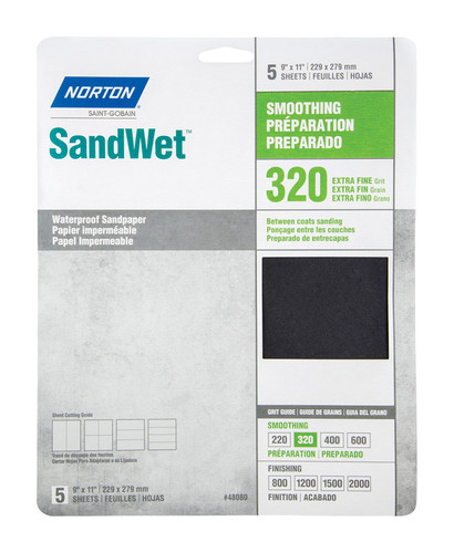 Norton - 7660748080 - SandWet 11 in. L x 9 in. W 320 Grit Aluminum Oxide Waterproof Sandpaper - 5/Pack
