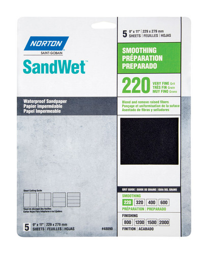 Norton - 7660748090 - SandWet 11 in. L x 9 in. W 220 Grit Aluminum Oxide Waterproof Sandpaper - 5/Pack