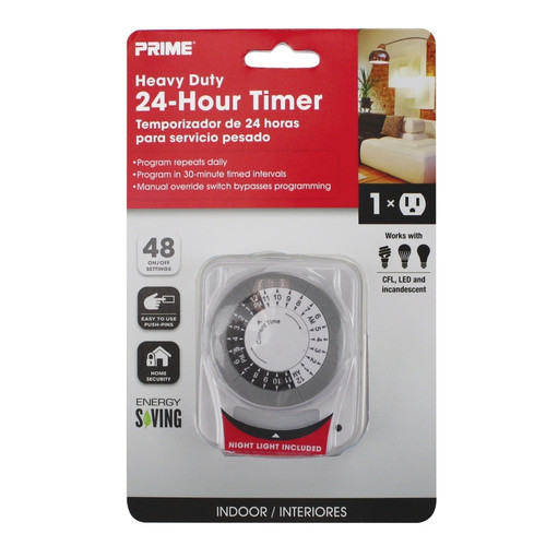 Prime - TNINL2412-RC - Indoor 24 Hour Mechanical Timer with Nightlight and Grounded Outlet 125 volt White