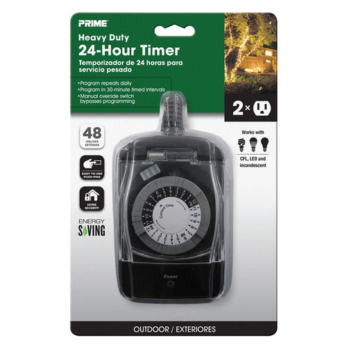 Prime - TNO24111-RC - Outdoor 24 Hour Mechanical Timer With Two Grounded Outlets 125 volt Black