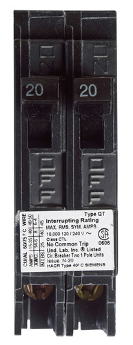 Siemens - Q2020 - 20/20 amps Tandem/Single Pole 1 Circuit Breaker