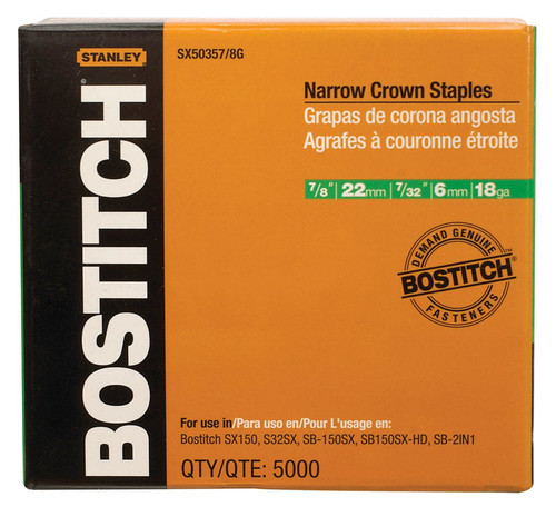 Stanley Bostitch - SX50357/8G - 7/32 in. W x 7/8 in. L 18 Ga. Narrow Crown Caps and Staples - 5000/Pack