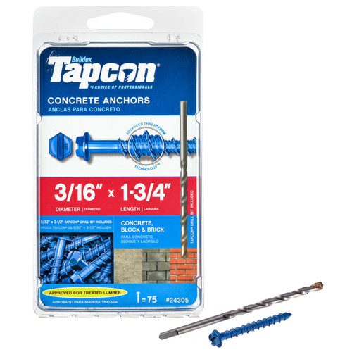 Tapcon - 24305 - 3/16 in. Dia. x 1-3/4 in. L Steel Hex Head Concrete Screw Anchor - 75/Pack