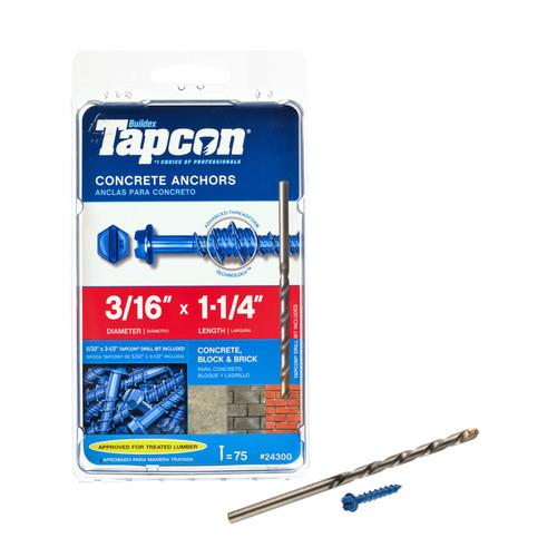 Tapcon - 24300 - 3/16 in. Dia. x 1-1/4 in. L Steel Hex Head Concrete Screw Anchor - 75/Pack