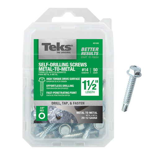 Teks - 21352 - No. 14 x 1-1/2 in. L Hex Washer Head Zinc-Plated Steel Sheet Metal Screws - 50/Pack