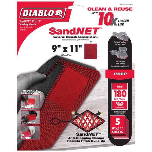 Diablo - DND911180H05G - SandNet 11 in. L X 9 in. W 180 Grit Ceramic Sanding Sheet 5 pk