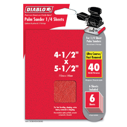 Diablo - DCS045040S06G - 5-1/2 in. L X 4-1/2 in. W 40 Grit Aluminum Oxide 1/4 Sheet Sandpaper 6 pk