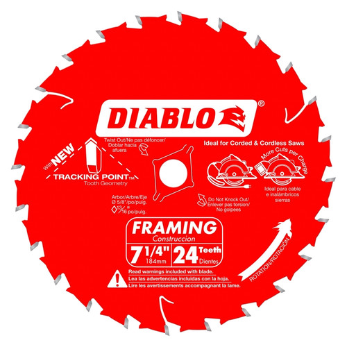 Diablo - D0724X3 - Tracking Point 7-1/4 in. D X 5/8 in. S Carbide Framing Saw Blade 24 teeth 3 pk