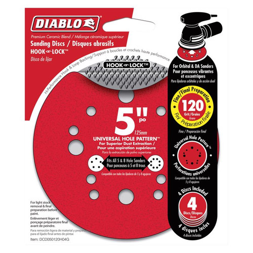 Diablo - DCD050120H04G - 5 in. Ceramic Blend Hook and Lock Sanding Disc 120 Grit Medium 4 pk