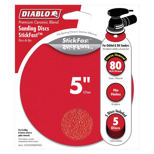 Diablo - DCD050080P05G - StickFast 5 in. Ceramic Blend Pressure Sensitive Adhesive Sanding Disc 80 Grit Coarse 5 pk