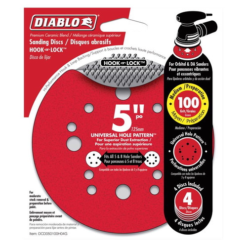 Diablo - DCD050100H04G - 5 in. Ceramic Blend Hook and Lock Sanding Disc 100 Grit Medium 4 pk