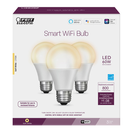 Feit Electric - OM60/927CA/AG/3 - A19 E26 (Medium) LED Smart WiFi Bulb Soft White 60 W 3 pk